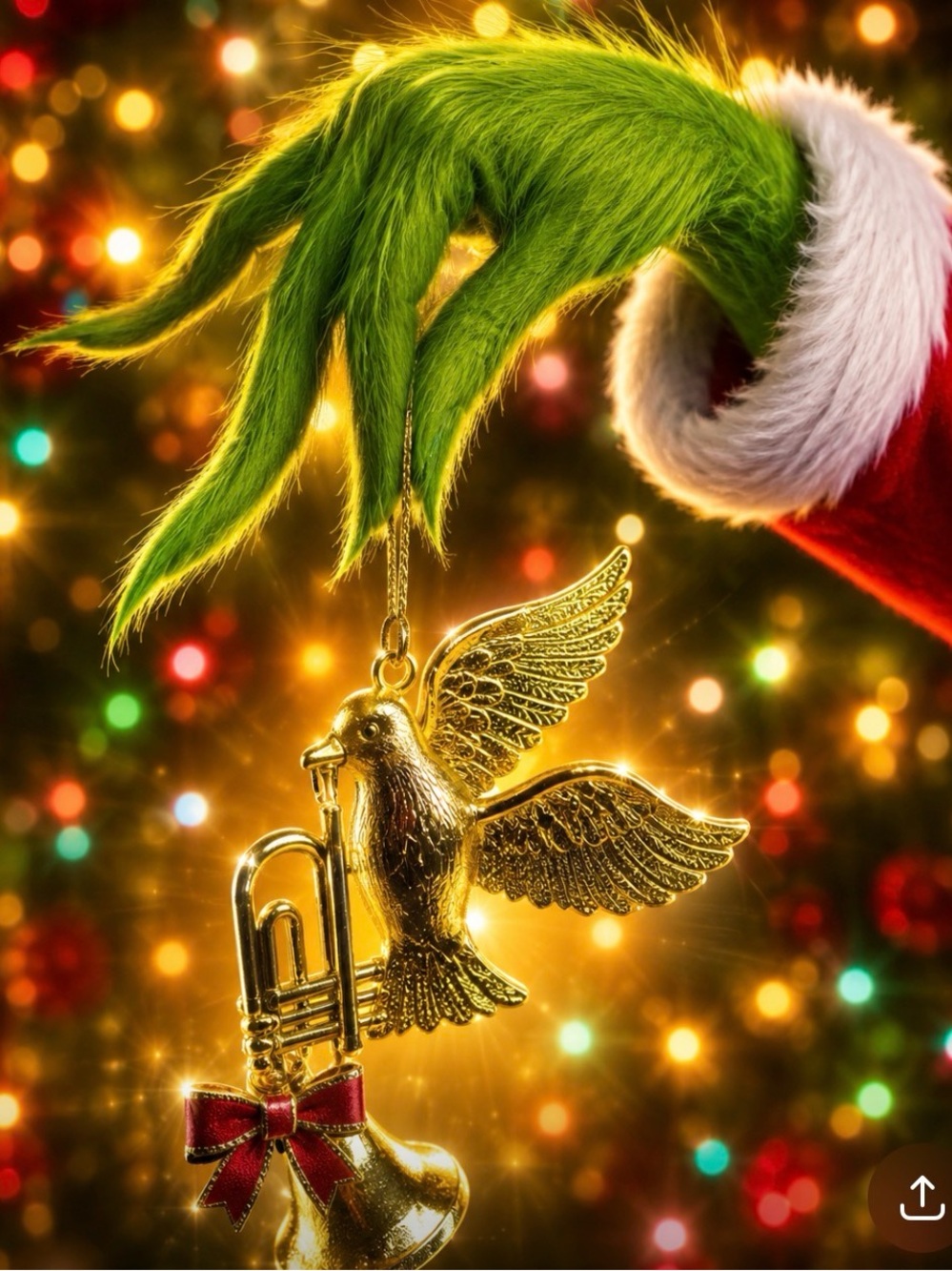 Vintage Gold Flying Dove with Trumpet Holiday Ornament with Red Bow